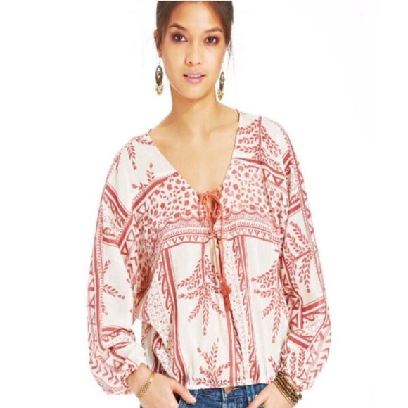 Free People Yo Yo Geo Lace Up Peasant Top size M - Picture 2 of 7